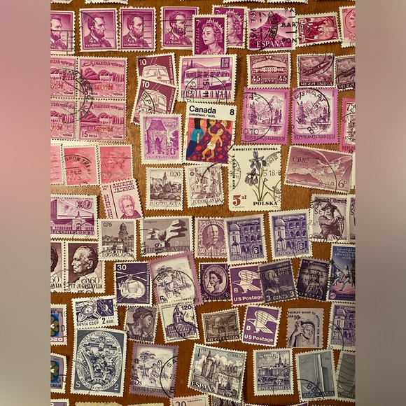 Vintage international & USA Postal Stamps - over 100 postmarked. Pink/Purple#1 - Picture 1 of 7